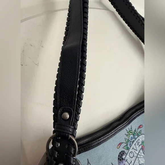 NEW ED HARDY DENIM SKULL, RHINESTONES and FLOWERS SHOULDER BAG Y2K biker - Picture 5 of 9